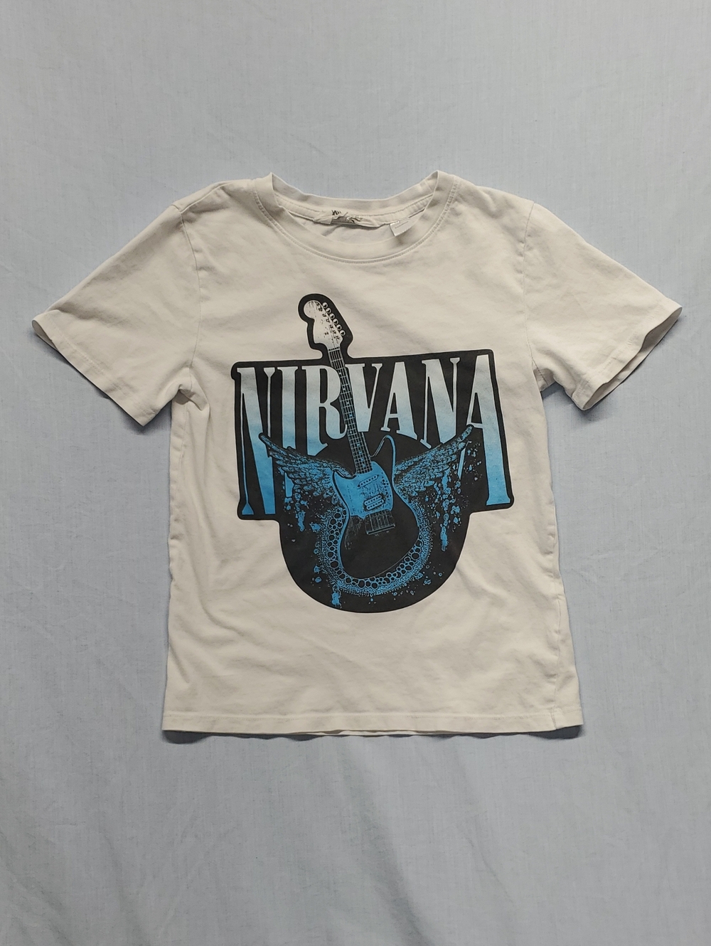 NIRVANA White Tee with Blue and Black Guitar Graphic #296